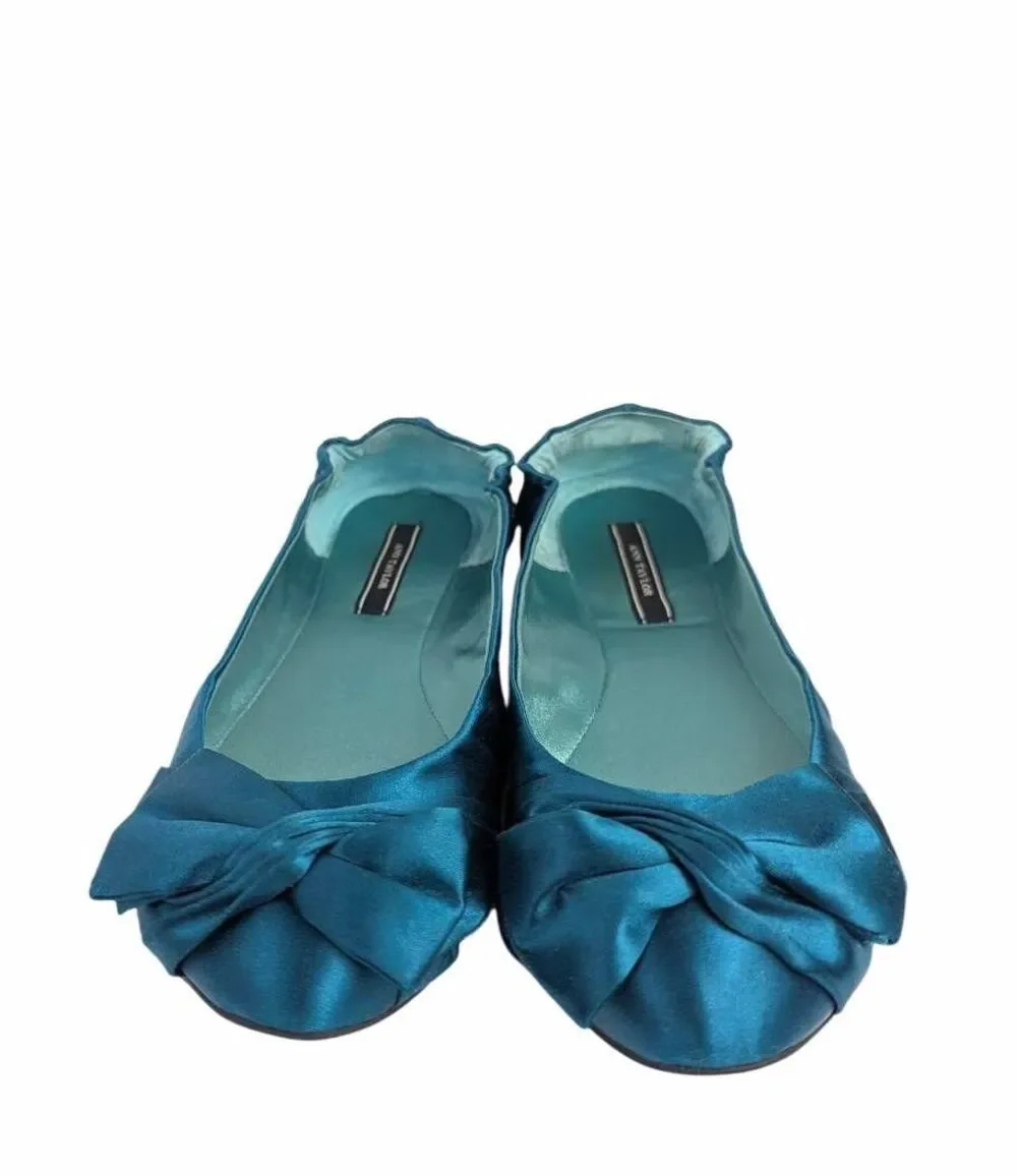 Ann Taylor Peacock Teal Blue satin bow ballet flats womens 9